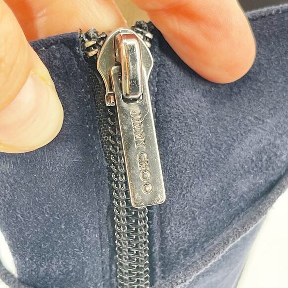 Jimmy Choo Retro y2k Navy Blue Suede Pom Pom Tie Mid-Calf Heeled Boot IT 37.5 - Picture 9 of 12